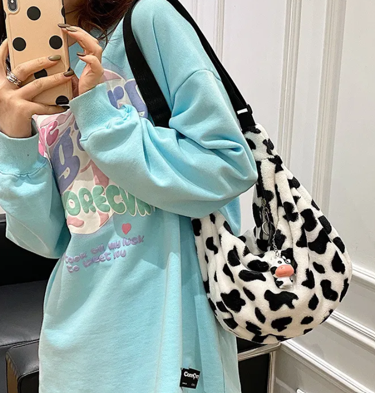 Women's Plush Cow Printed Shoulder Bag